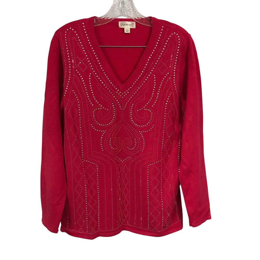 Questions Sweater Large Women Red Rhinestone Studded V-Neck Knit Long Sleeve